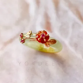 15.1mm A-Grade Natural Yellow Jadeite Joseon Ring (Red Sakura Flower) No.162285