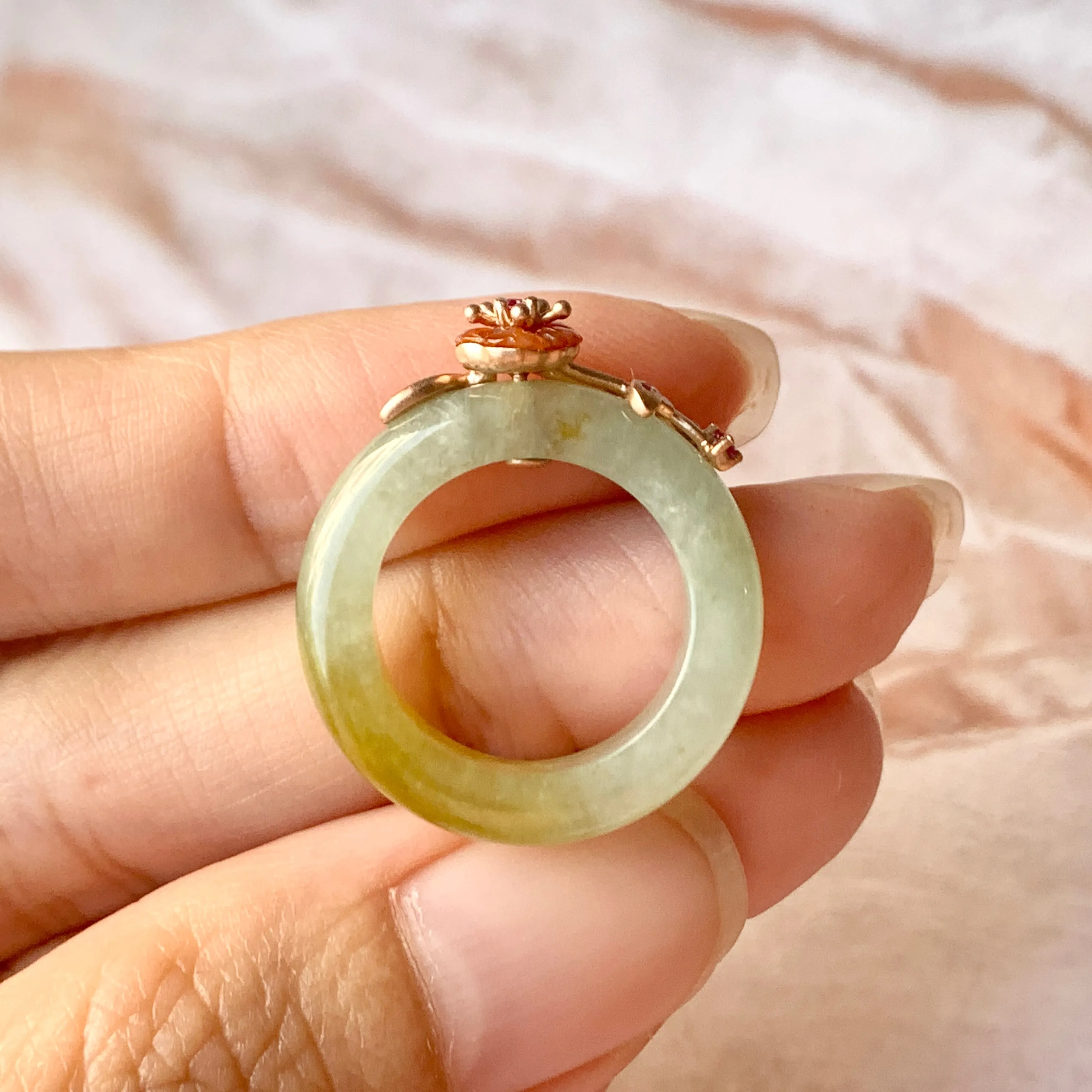 15.1mm A-Grade Natural Yellow Jadeite Joseon Ring (Red Sakura Flower) No.162285