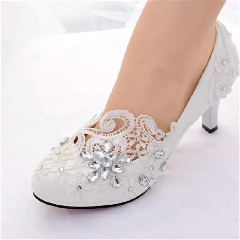 2019 white rhinestone lace women shoes high heels Women wedding shoes Women high heels party shoes plus size shoes 42