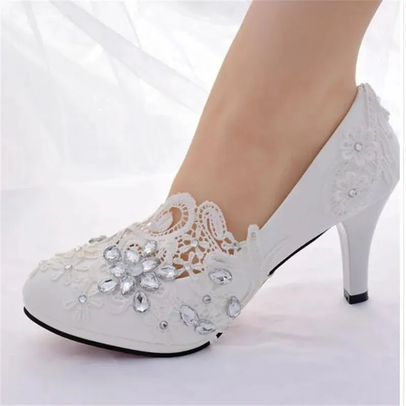 2019 white rhinestone lace women shoes high heels Women wedding shoes Women high heels party shoes plus size shoes 42