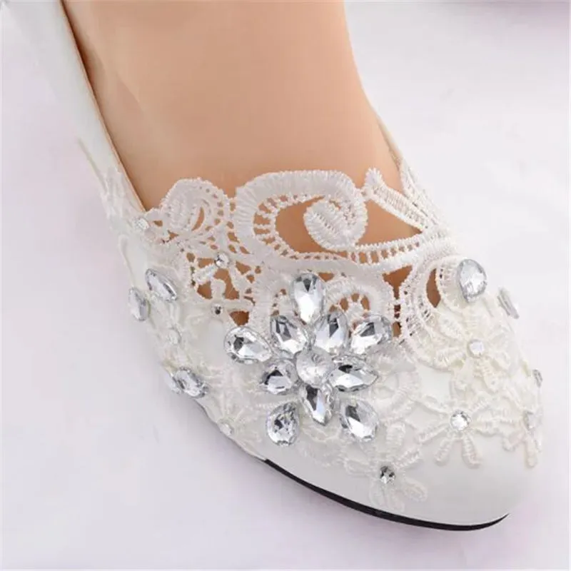 2019 white rhinestone lace women shoes high heels Women wedding shoes Women high heels party shoes plus size shoes 42