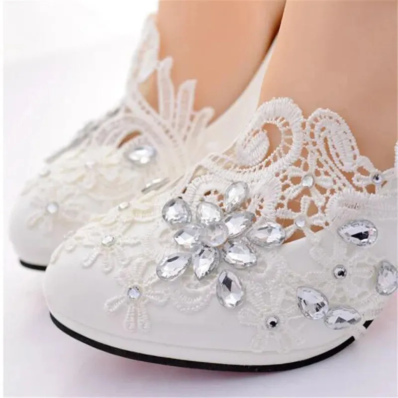 2019 white rhinestone lace women shoes high heels Women wedding shoes Women high heels party shoes plus size shoes 42