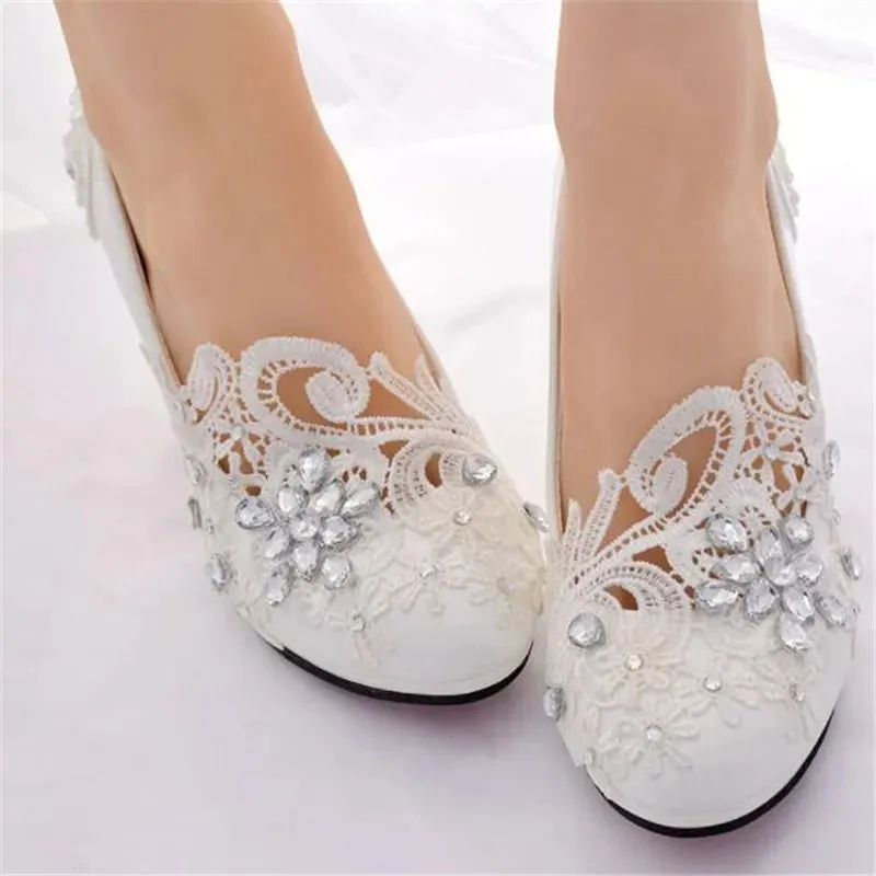 2019 white rhinestone lace women shoes high heels Women wedding shoes Women high heels party shoes plus size shoes 42