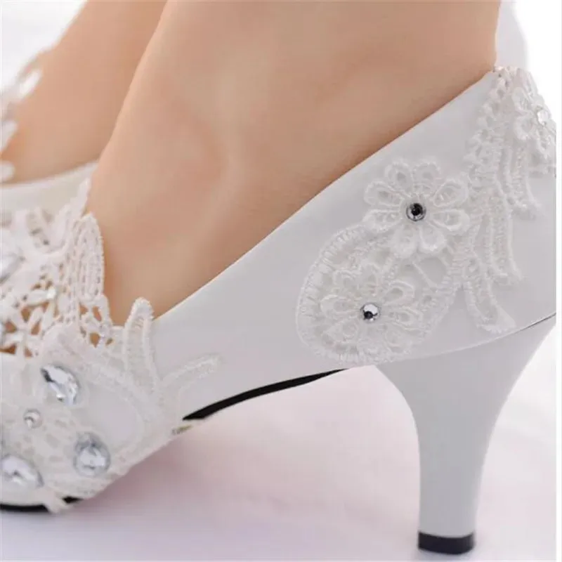 2019 white rhinestone lace women shoes high heels Women wedding shoes Women high heels party shoes plus size shoes 42