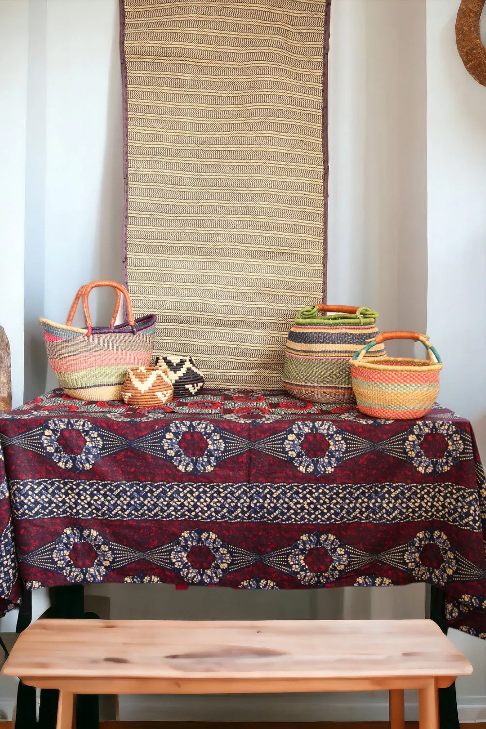 AFRI BEADS WAX PRINT TABLECLOTH MAROON/NAVY TRIBAL