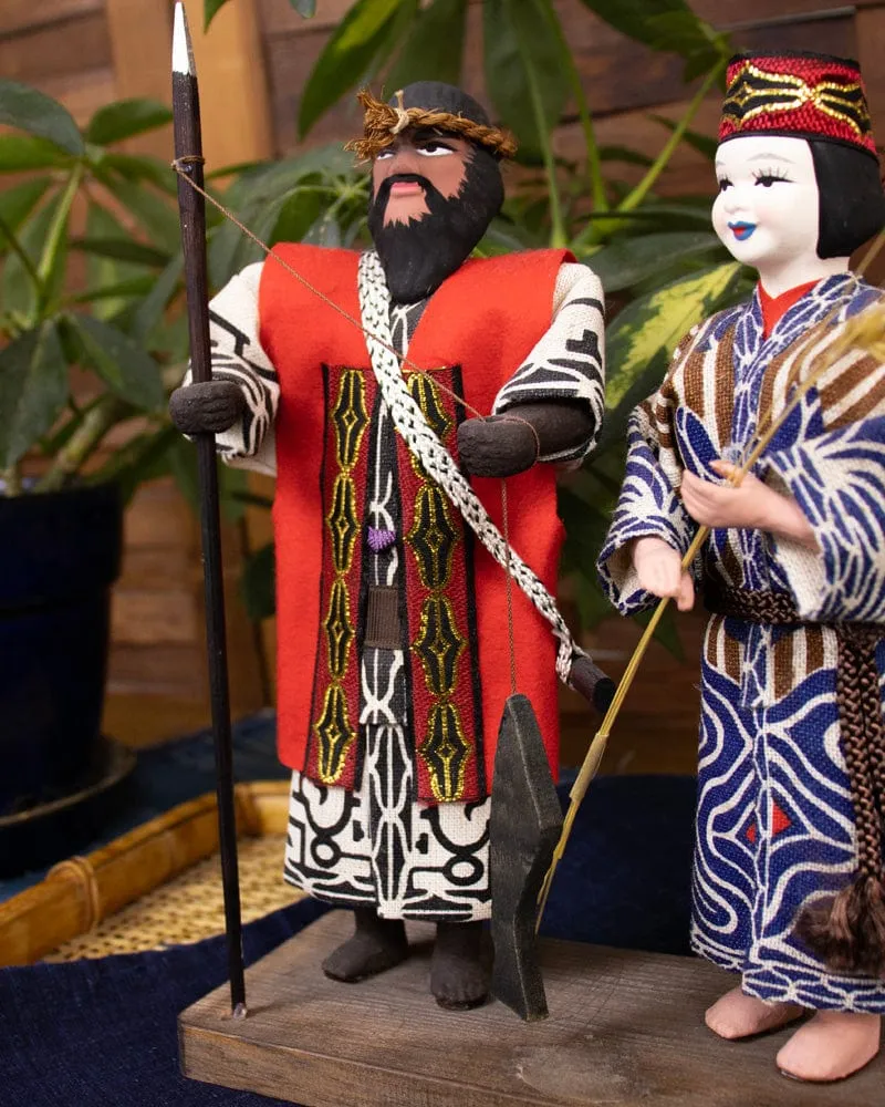 Ainu Dolls, Man Holding Fish and Woman with Grain, 8" tall