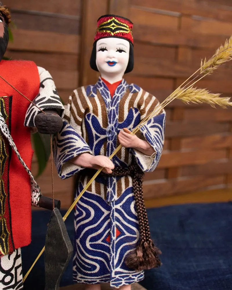 Ainu Dolls, Man Holding Fish and Woman with Grain, 8" tall