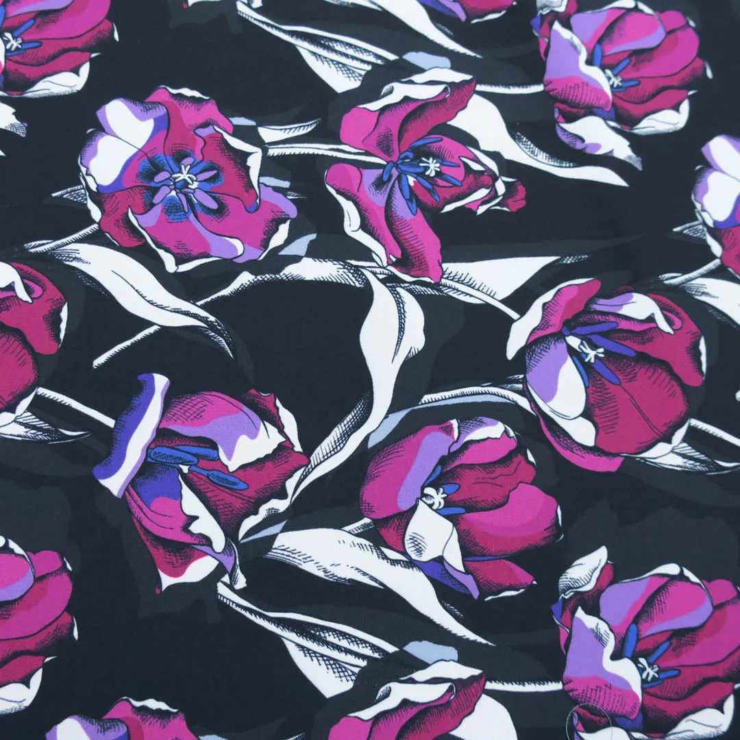 Black  Background with Purple and White Floral Printed Fabric