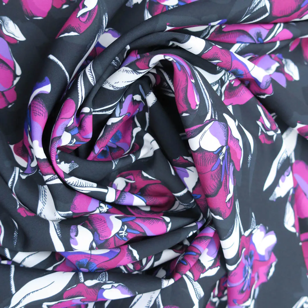 Black  Background with Purple and White Floral Printed Fabric