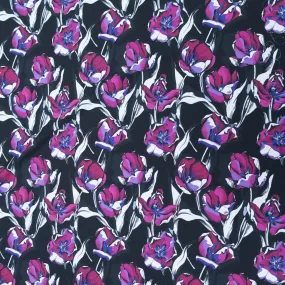 Black  Background with Purple and White Floral Printed Fabric