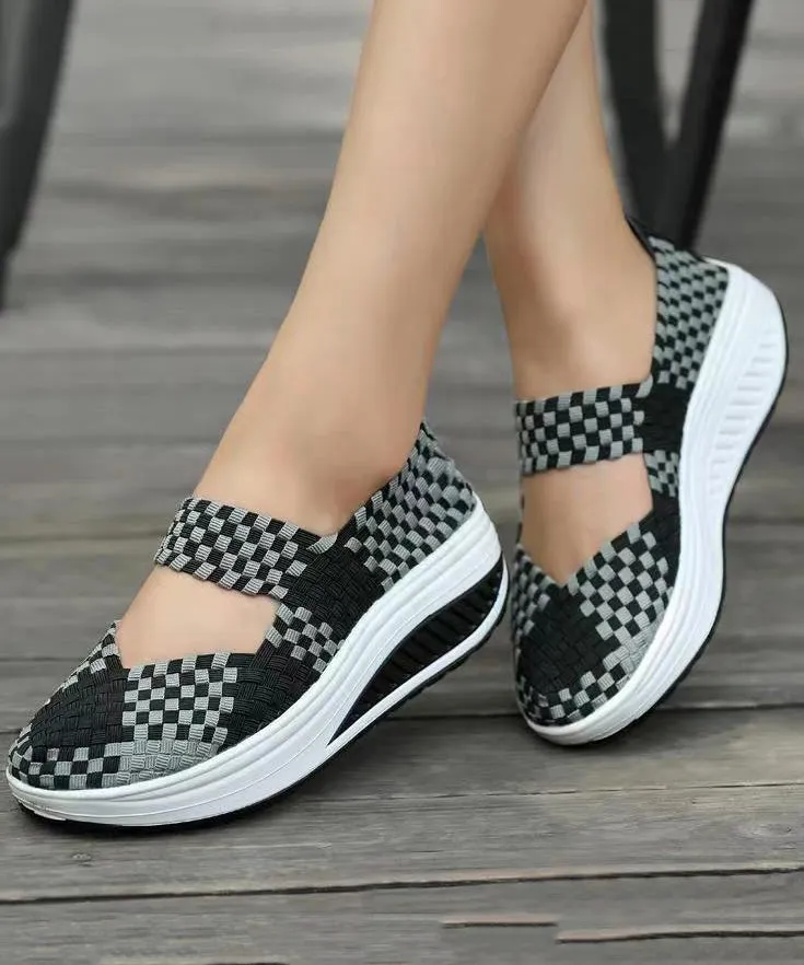 Black Casual Knit Fabric Art Splicing High Wedge Heels Shoes