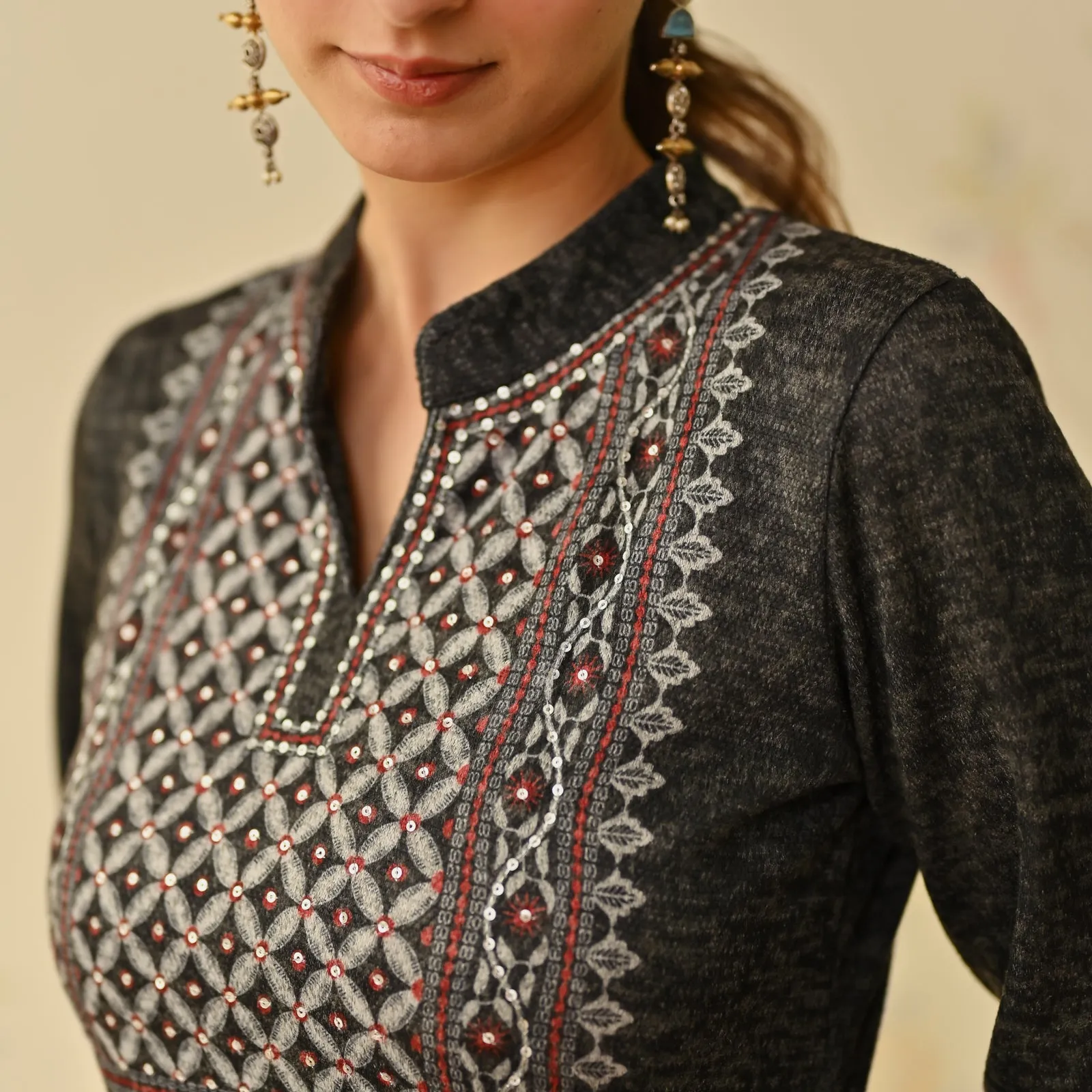 Black Embroidered & Monotone Woollen Kurta Pant Set with Dupatta