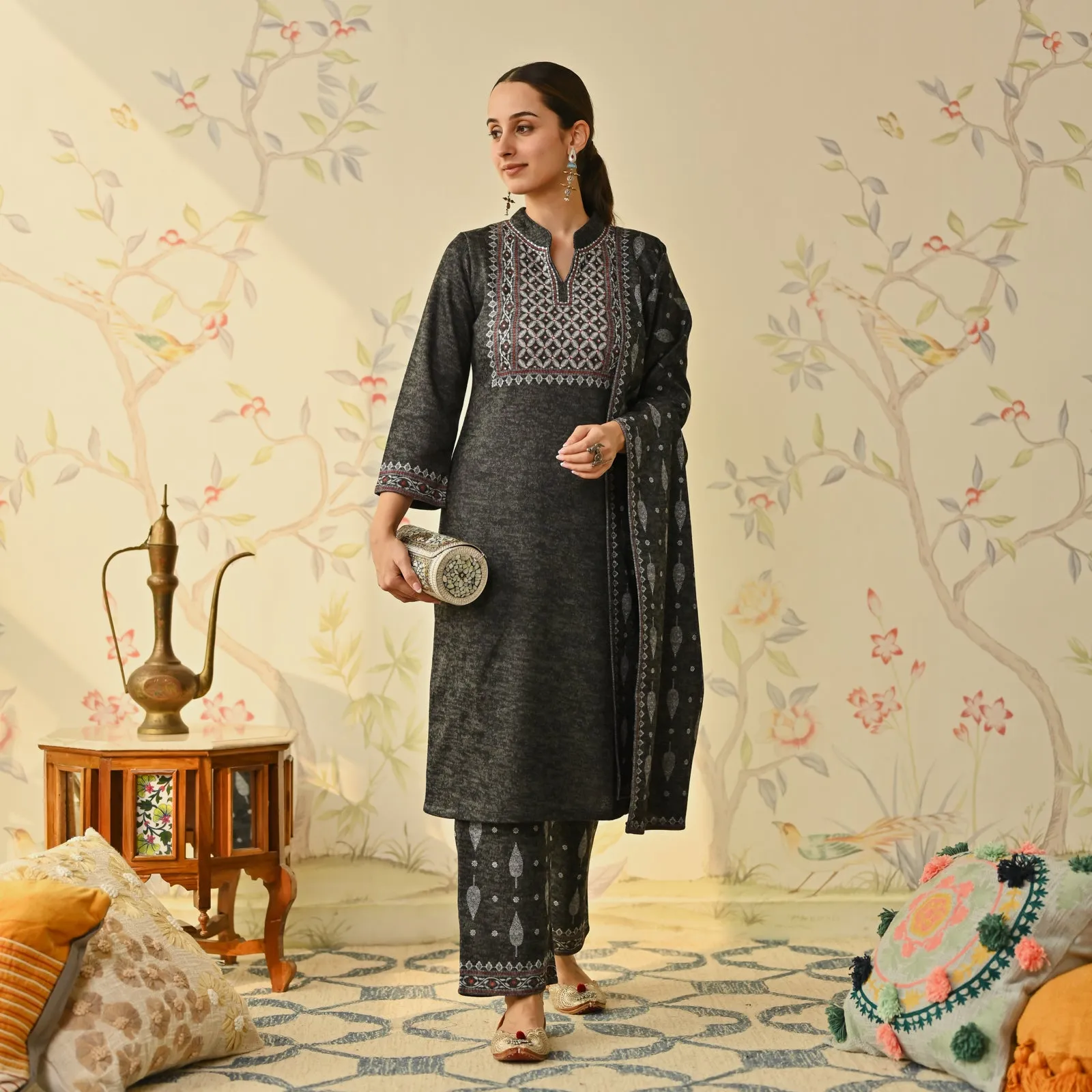 Black Embroidered & Monotone Woollen Kurta Pant Set with Dupatta