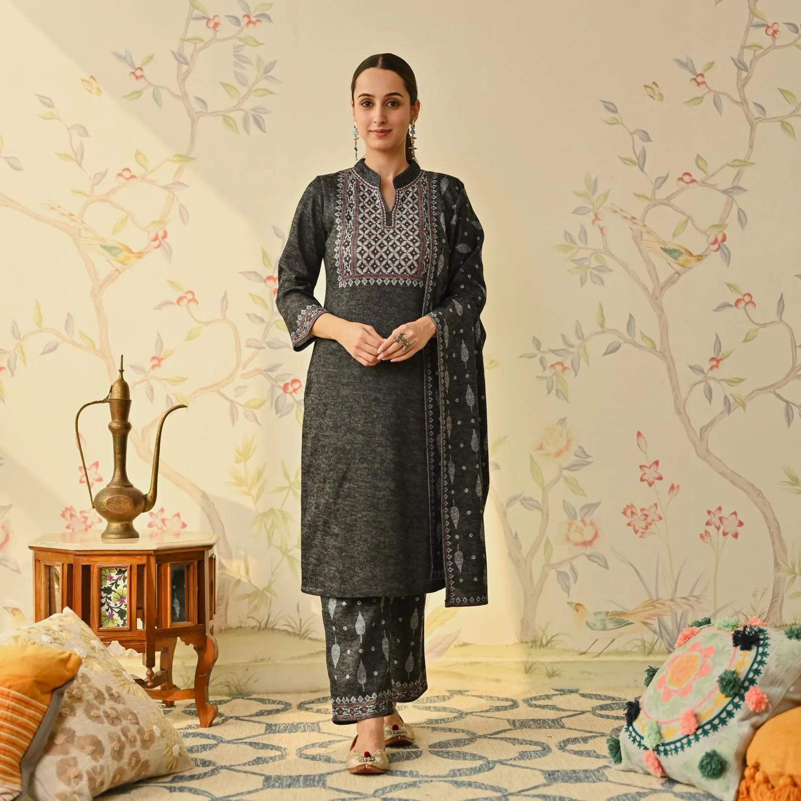 Black Embroidered & Monotone Woollen Kurta Pant Set with Dupatta