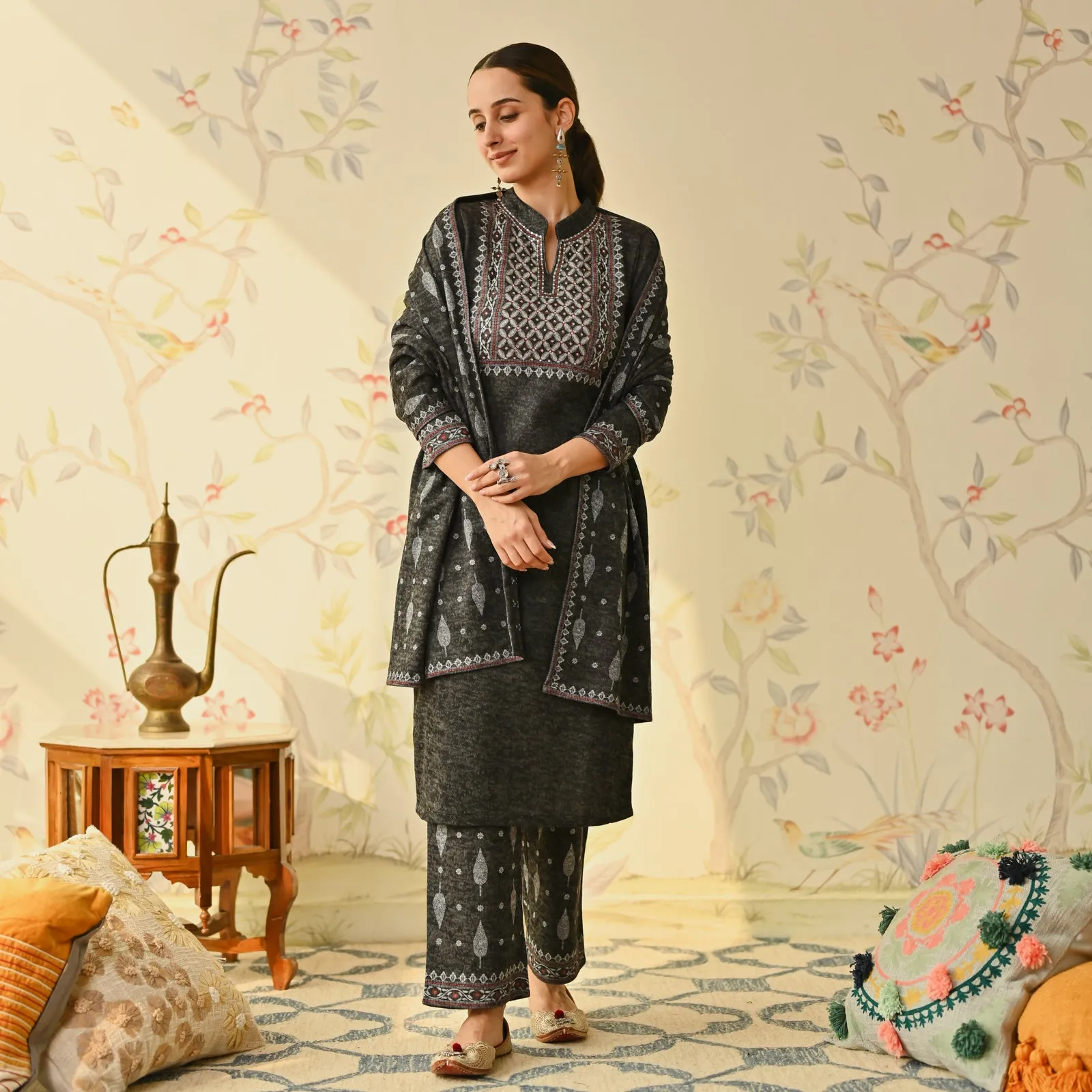 Black Embroidered & Monotone Woollen Kurta Pant Set with Dupatta