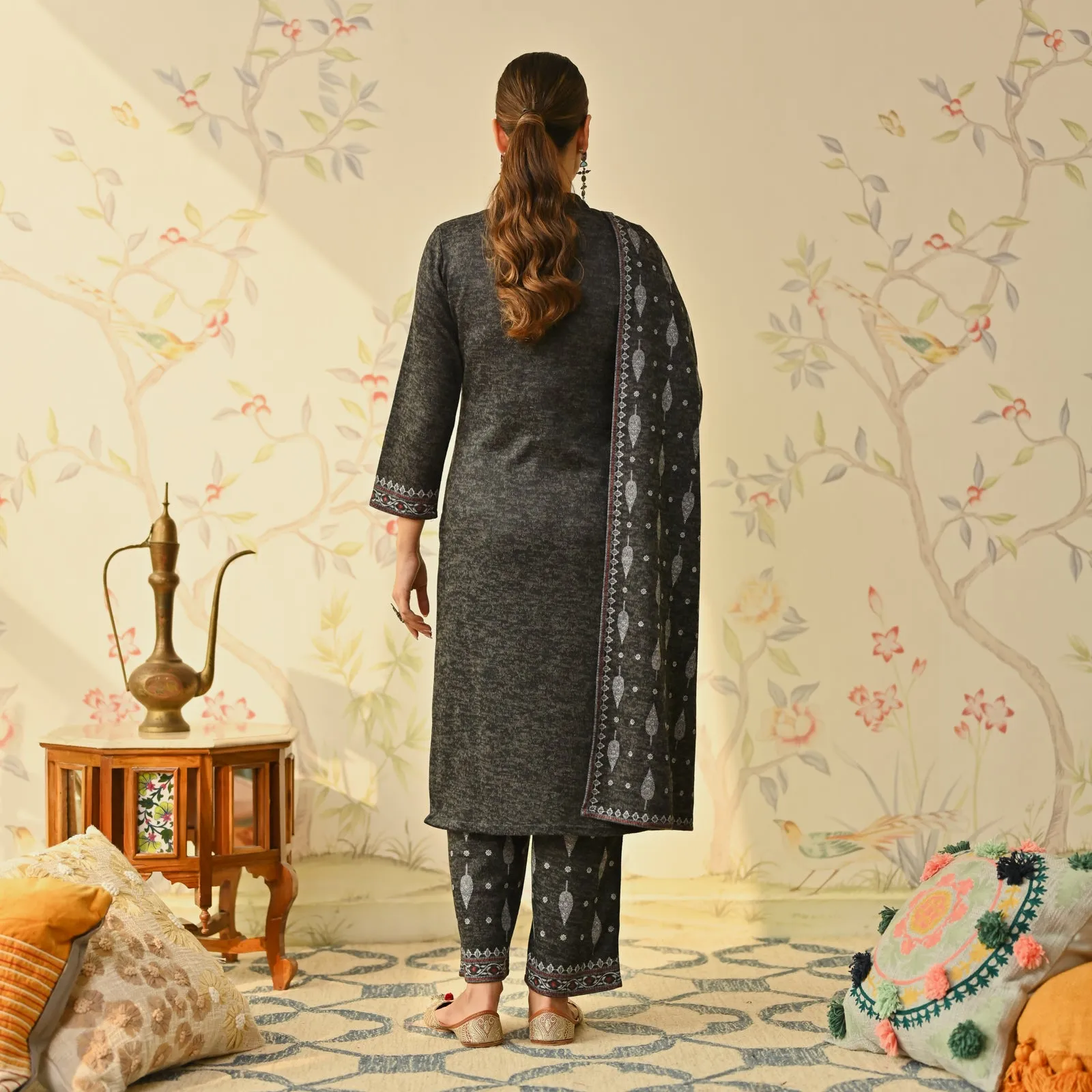 Black Embroidered & Monotone Woollen Kurta Pant Set with Dupatta