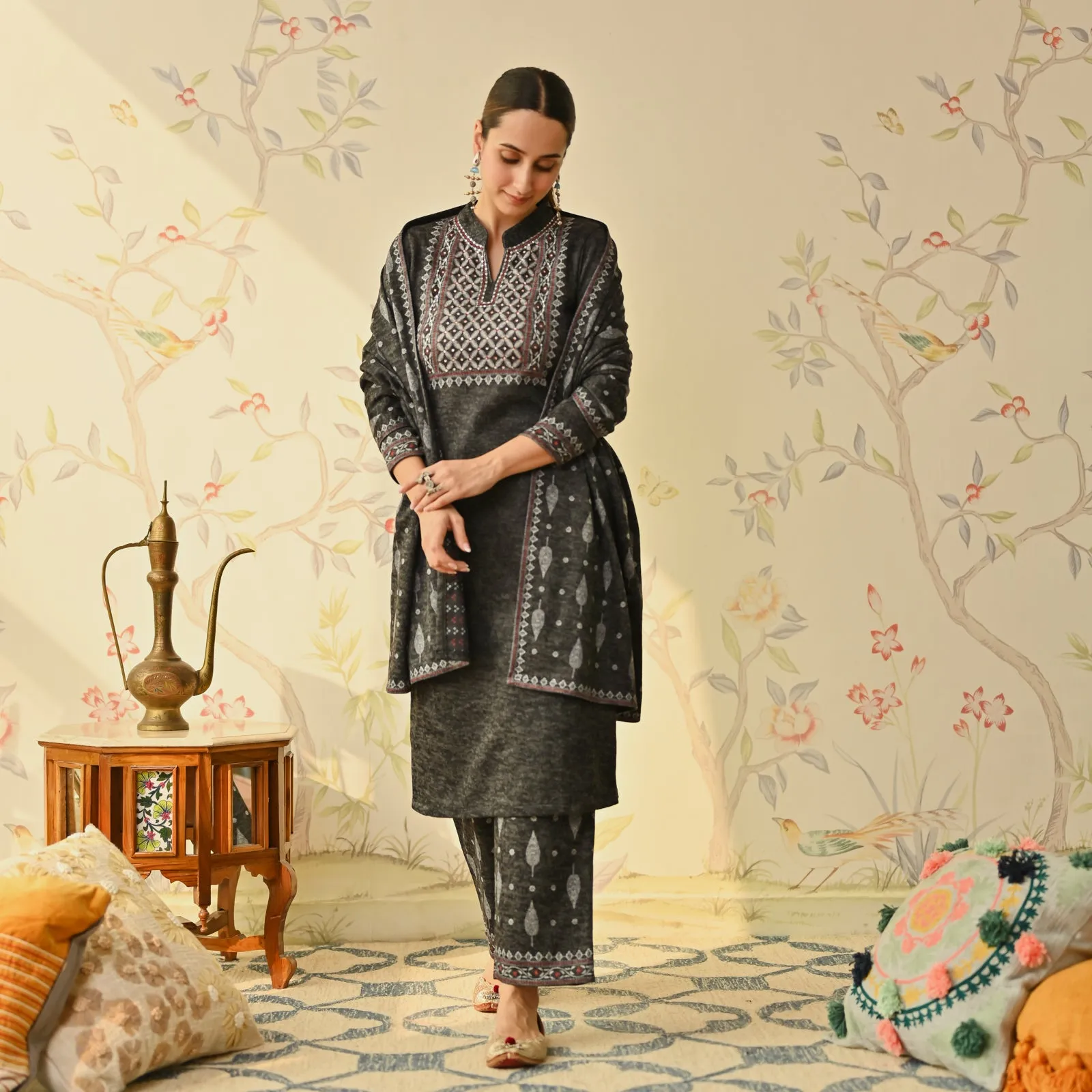 Black Embroidered & Monotone Woollen Kurta Pant Set with Dupatta