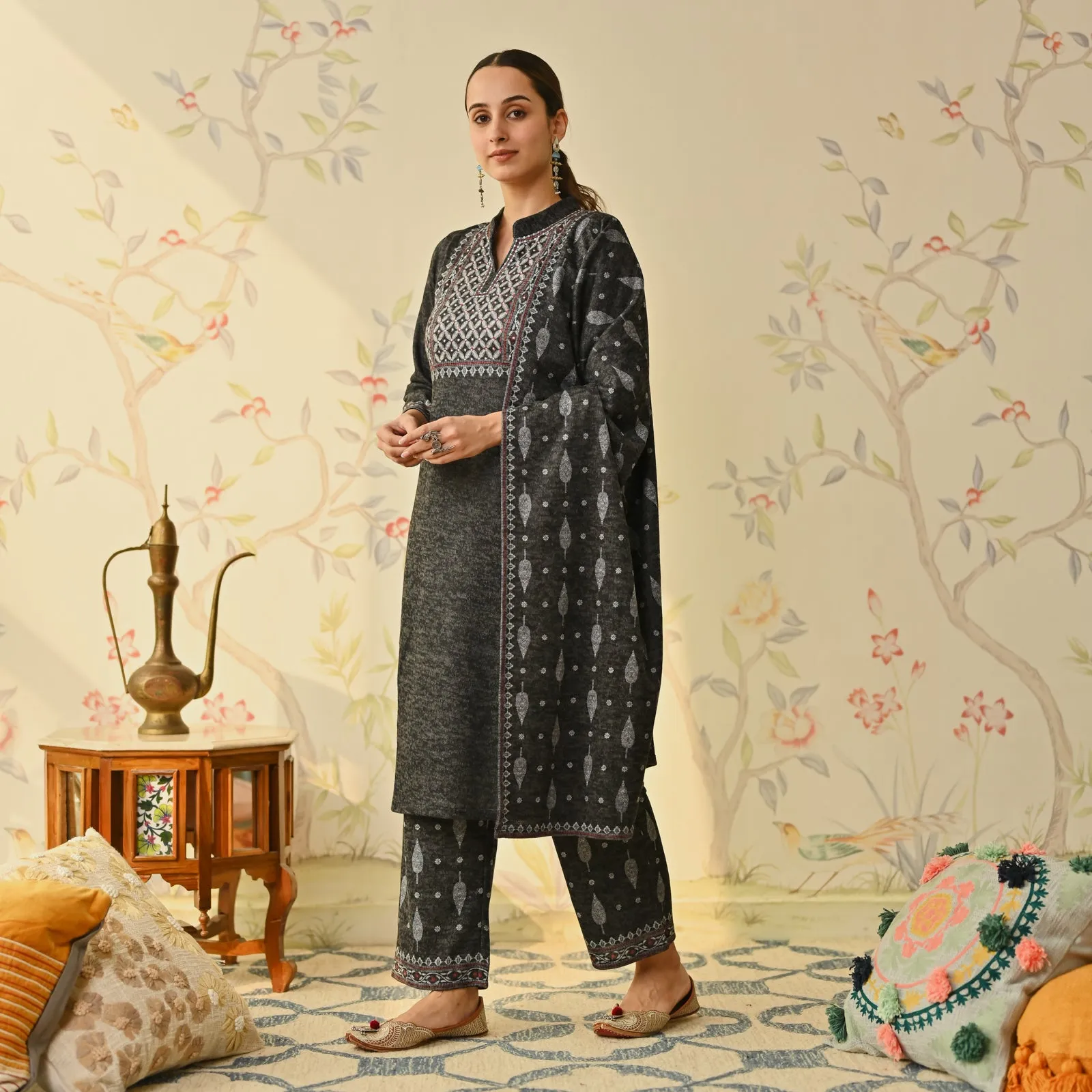 Black Embroidered & Monotone Woollen Kurta Pant Set with Dupatta