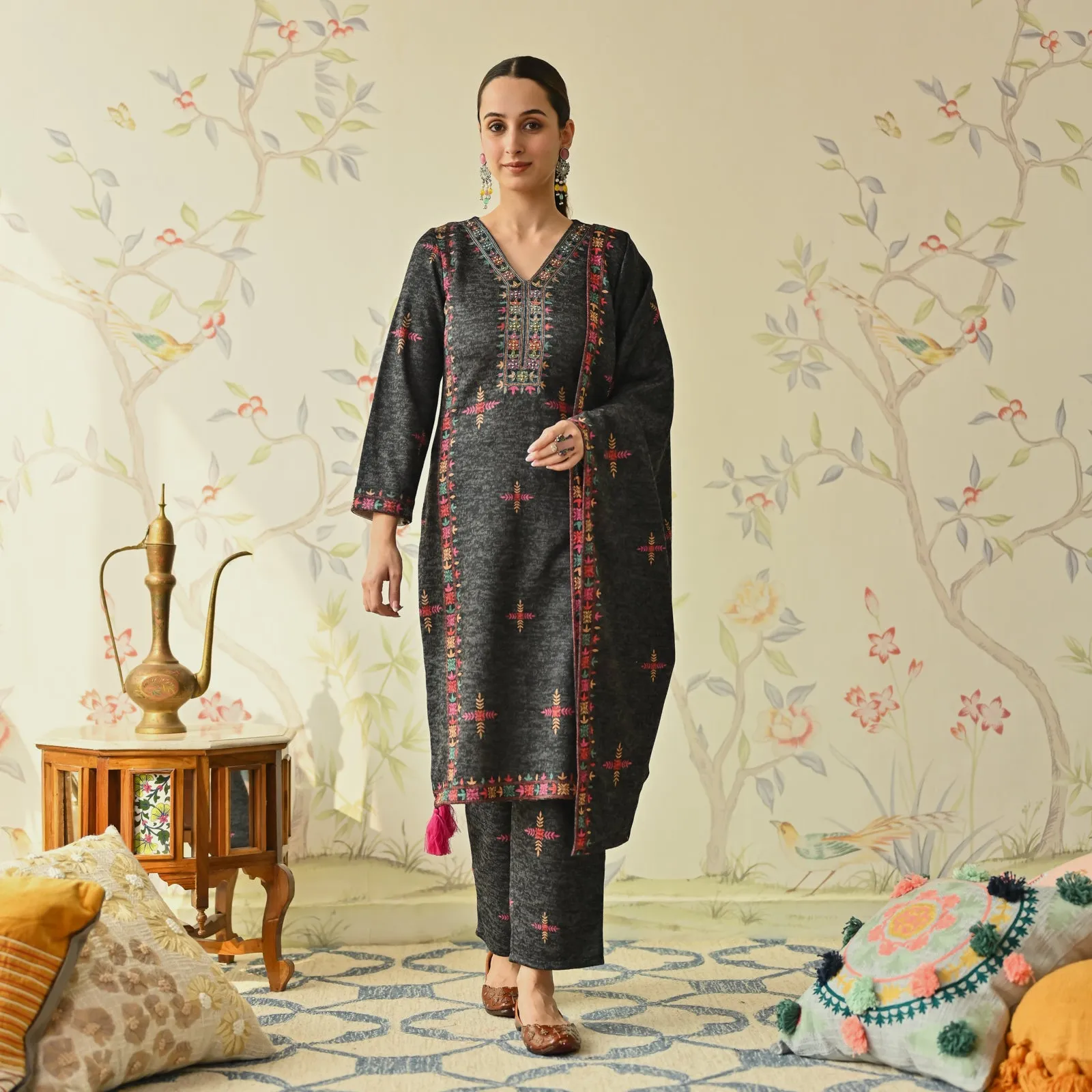 Black Embroidered & Phulkari Printed Woollen Kurta Pant Set with Dupatta