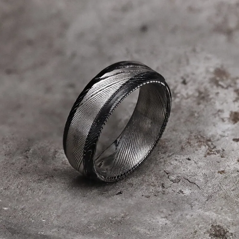 Black Step Edge Pattern Damascus Steel Ring