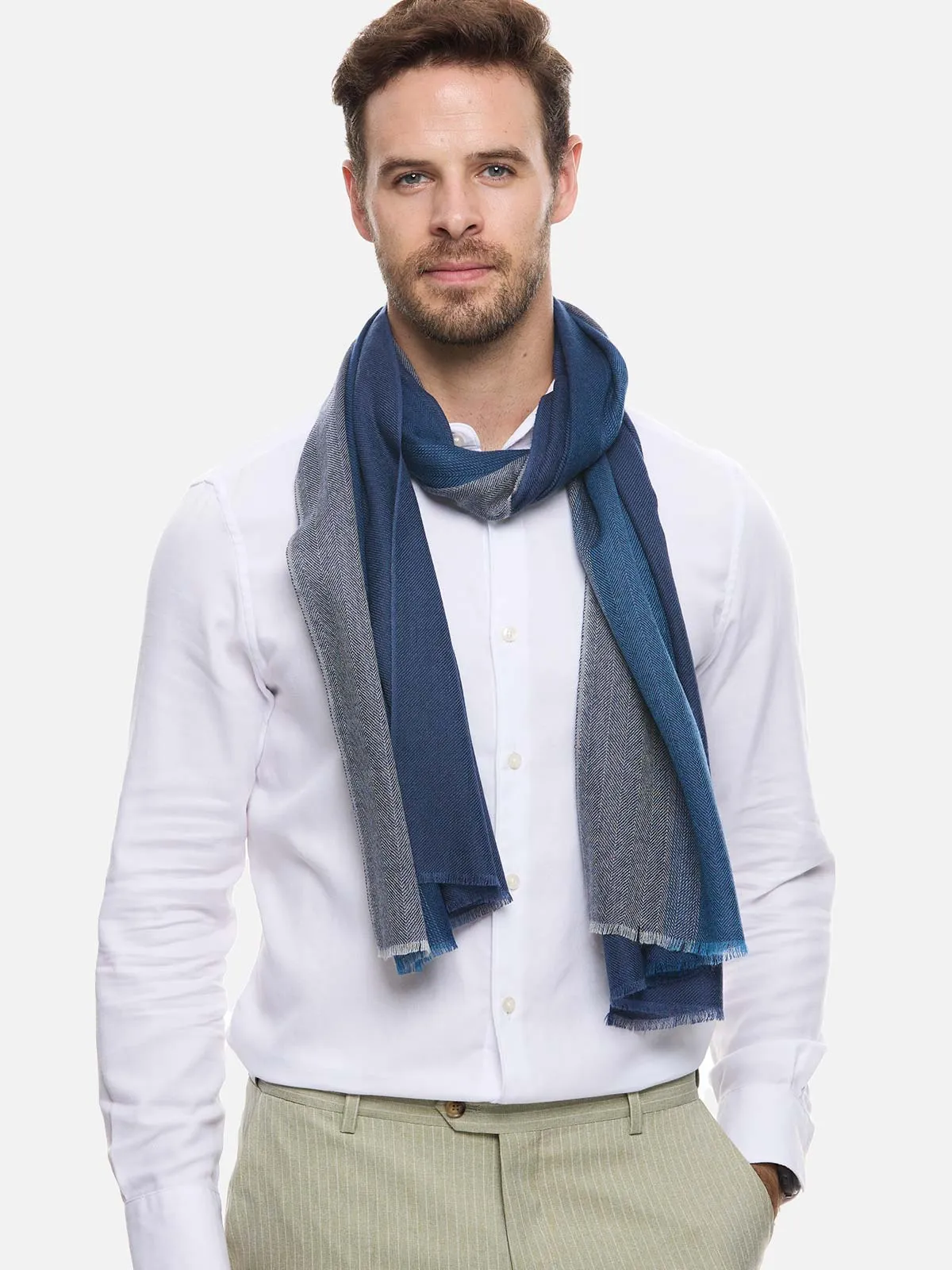 Blue Herringbone Mens Cashmere Scarf