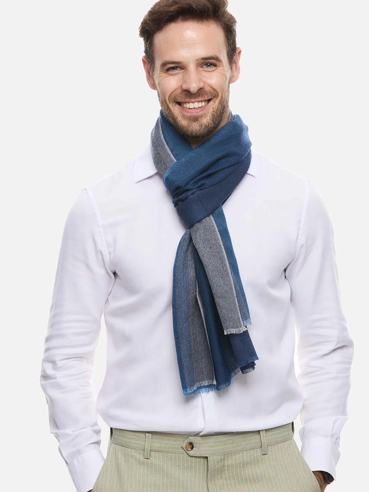 Blue Herringbone Mens Cashmere Scarf