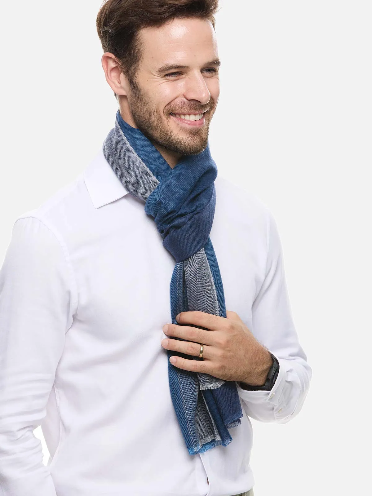 Blue Herringbone Mens Cashmere Scarf