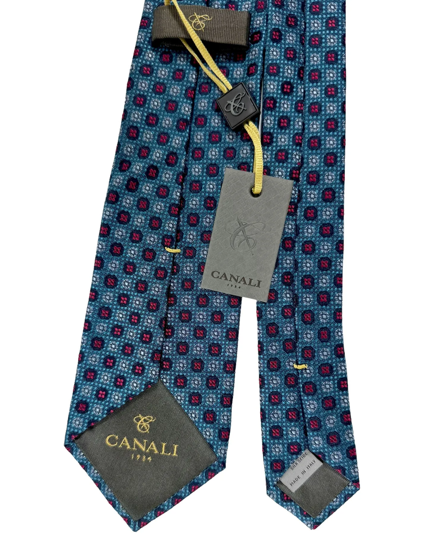 Canali Silk Tie Dark Blue Aqua Red Mini Floral