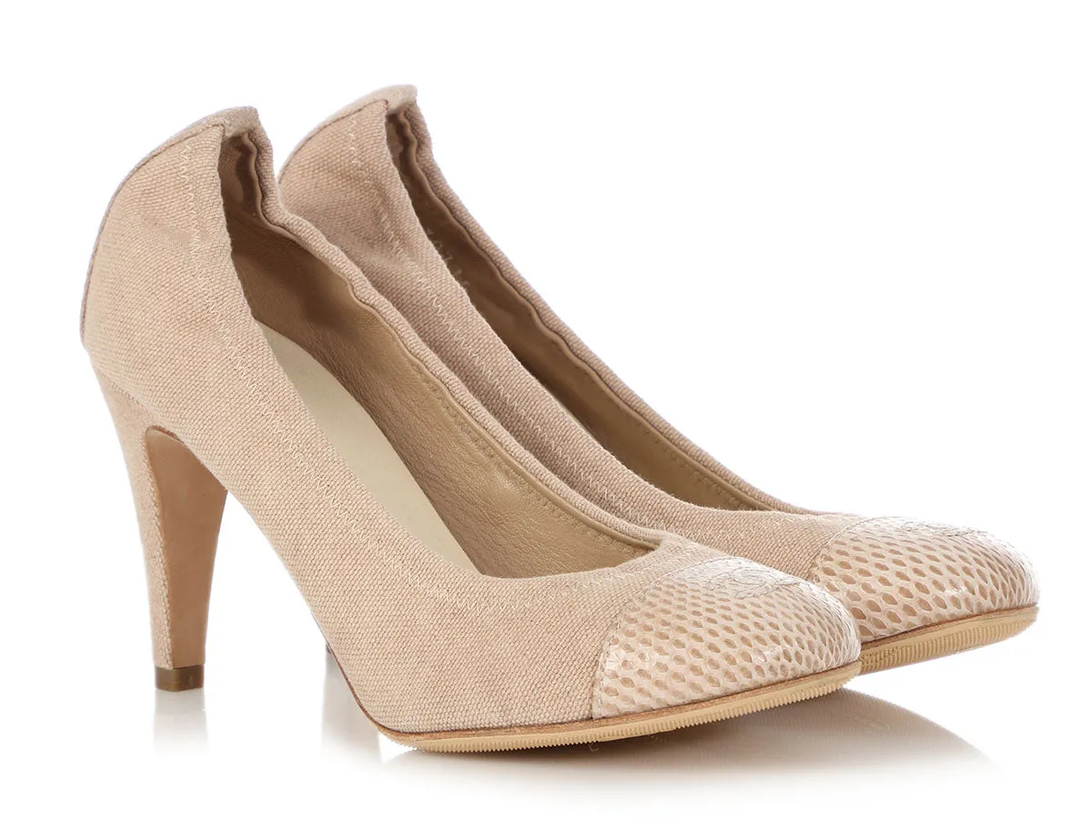 Chanel Beige Canvas and Snakeskin Ballet Pumps