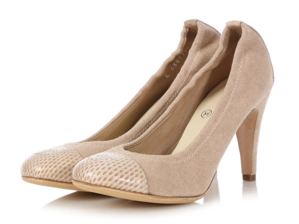 Chanel Beige Canvas and Snakeskin Ballet Pumps