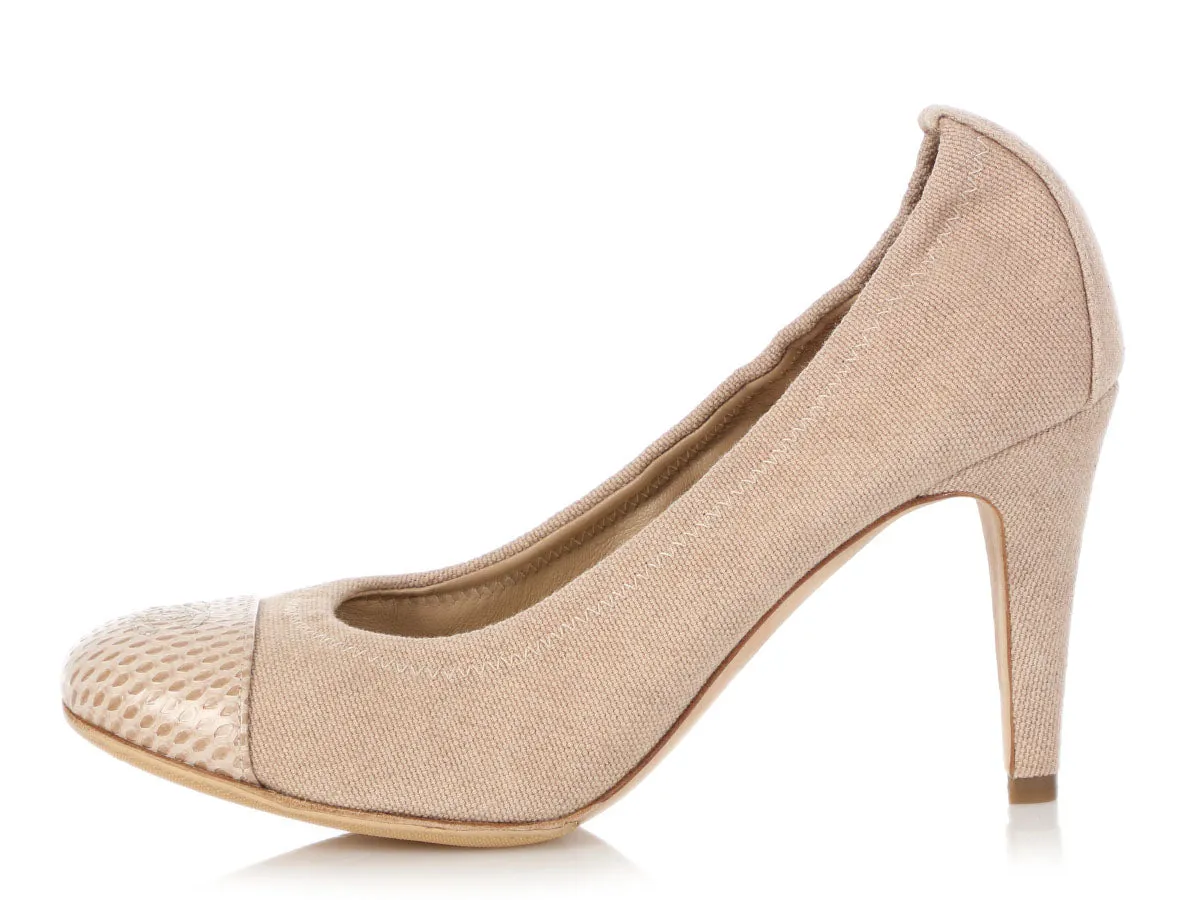 Chanel Beige Canvas and Snakeskin Ballet Pumps