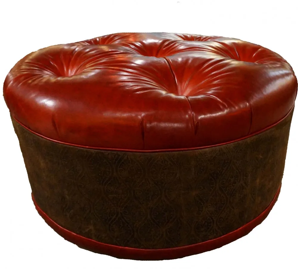 Crimson Red Leather Tufted Ottoman