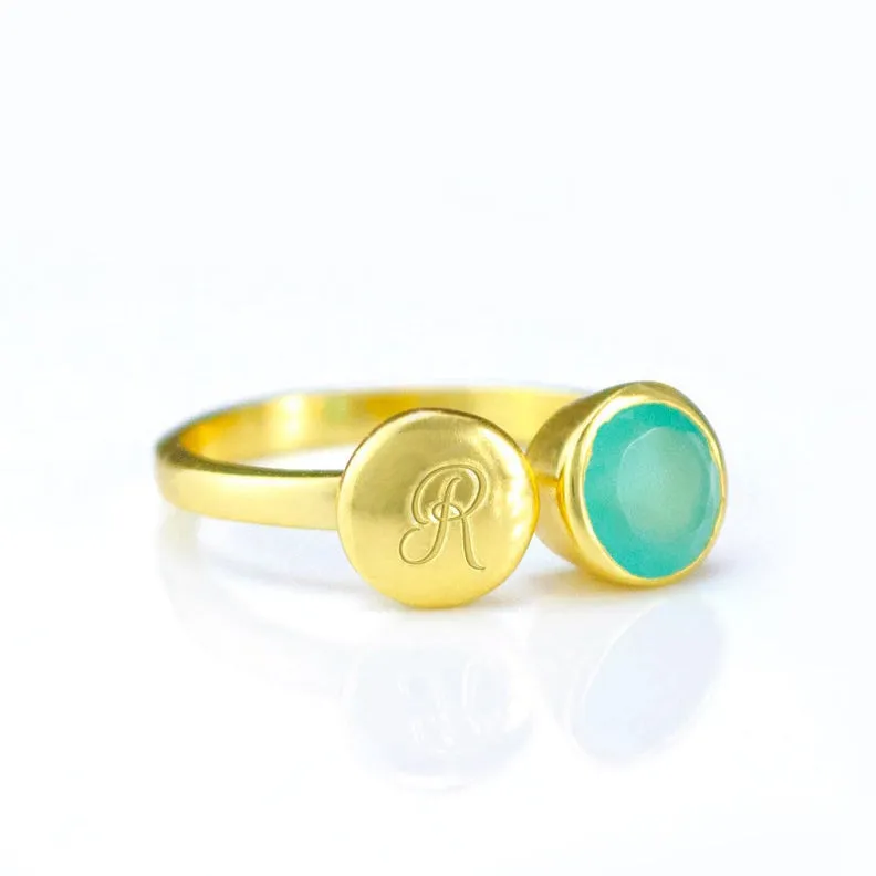 Custom Initial Adjustable Aqua Chalcedony Ring, March Birthstone