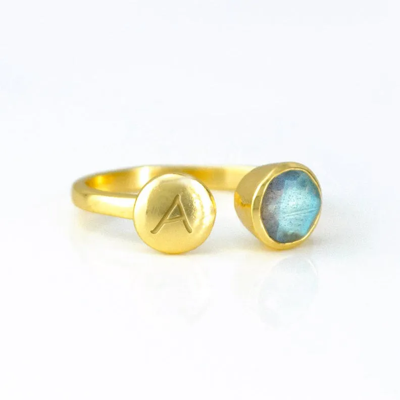 Custom Initial Adjustable Labradorite Ring, Personalized Jewelry