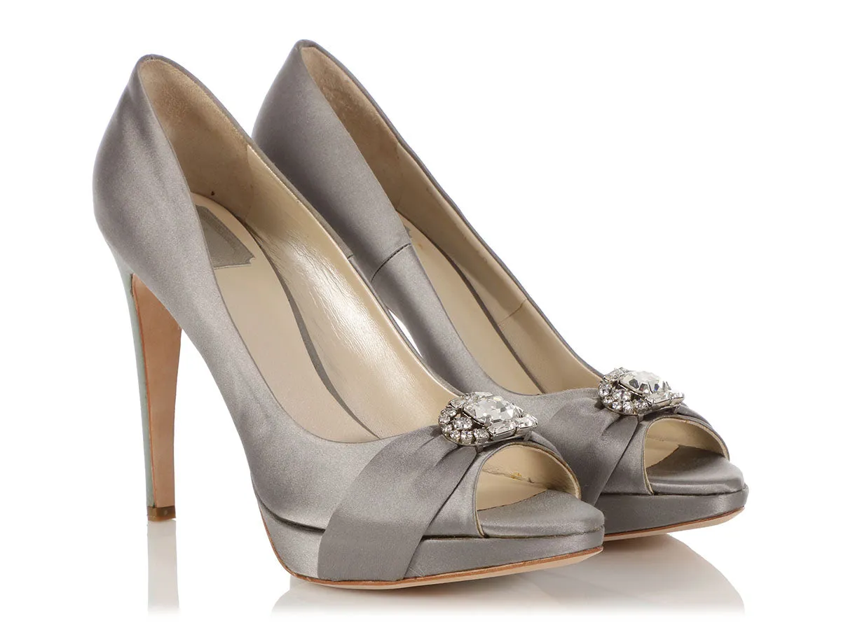 Dior Gray Satin Empire Escarpin Crystal Pumps