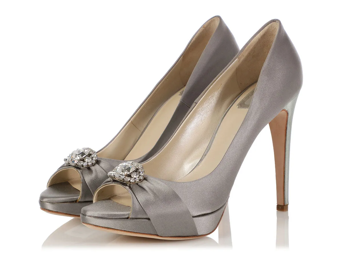 Dior Gray Satin Empire Escarpin Crystal Pumps