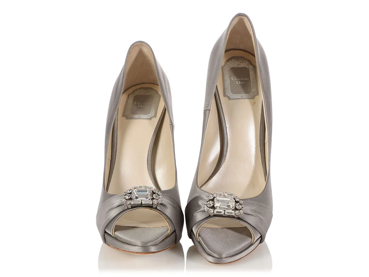 Dior Gray Satin Empire Escarpin Crystal Pumps