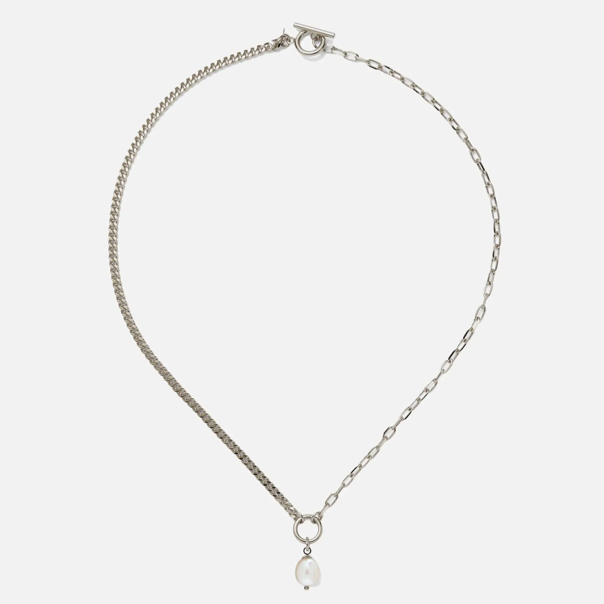 Duo Chain Necklace with White Pearl in Silver