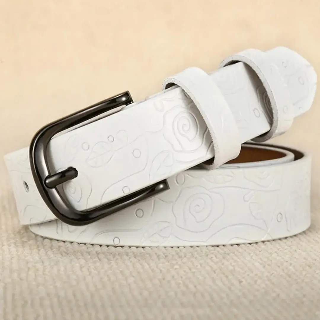 Fashion Design Floral Pattern Leather Women's Belt — Pin Buckle Metal Belt, 28mm Wide