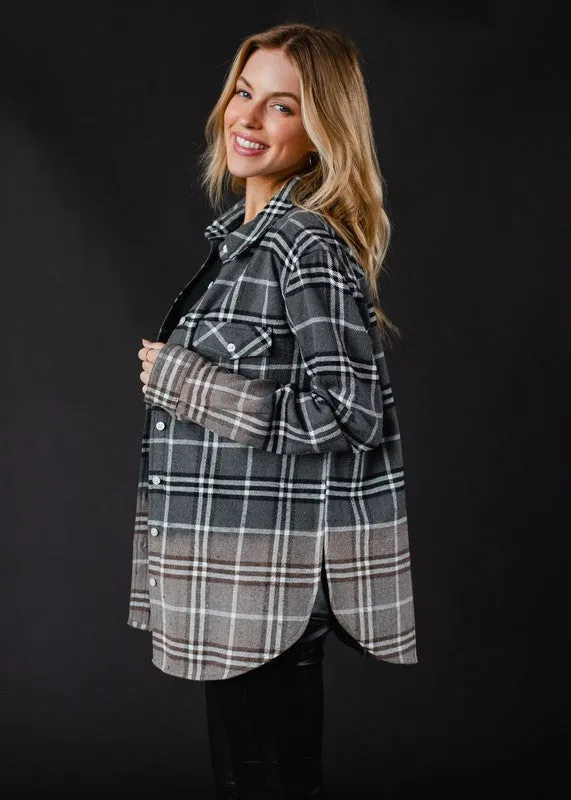 Gray, black & white plaid flannel with bleached dipped contrast