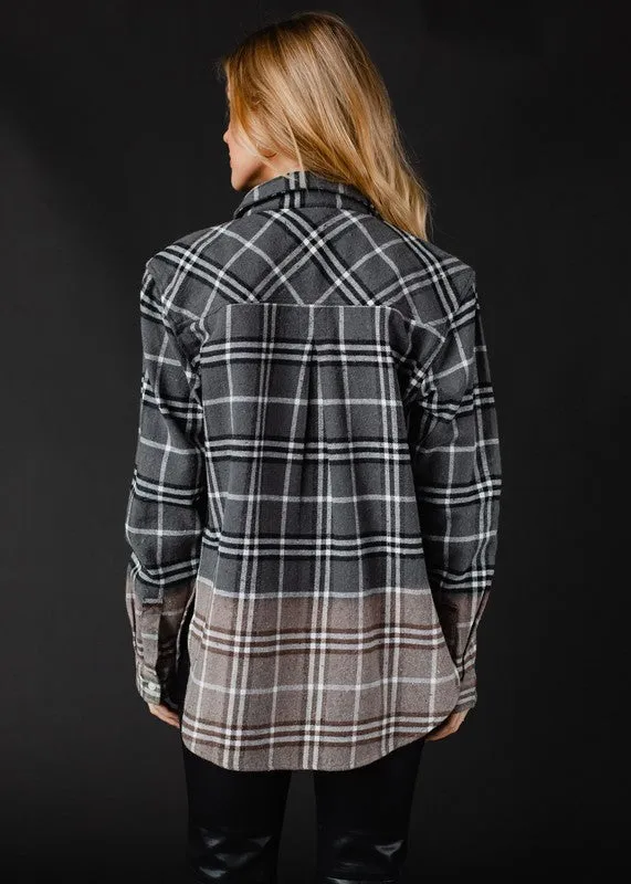 Gray, black & white plaid flannel with bleached dipped contrast