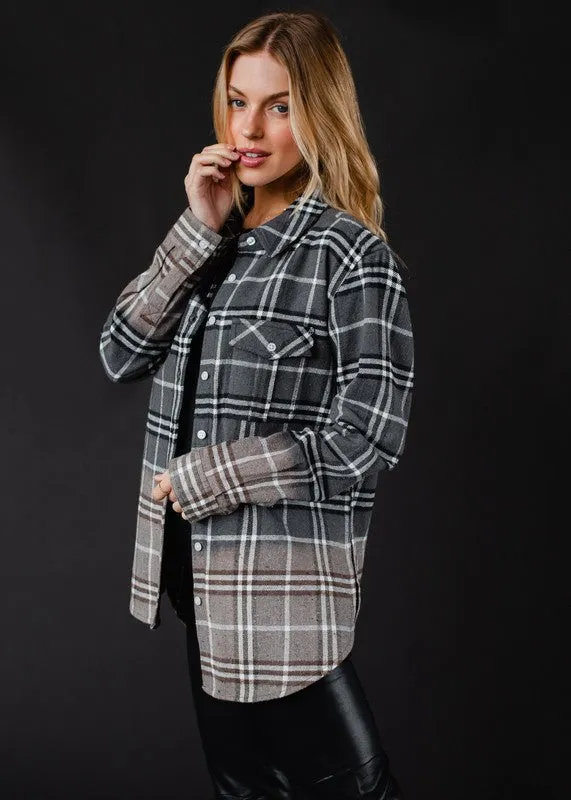 Gray, black & white plaid flannel with bleached dipped contrast