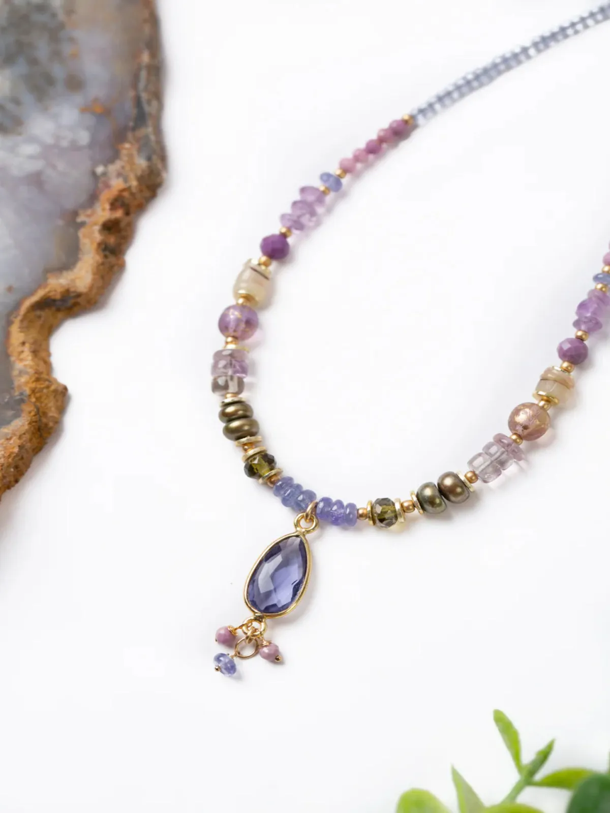 Hydrangea Tanzanite & Pearl Beaded Necklace by Anne Vaughan