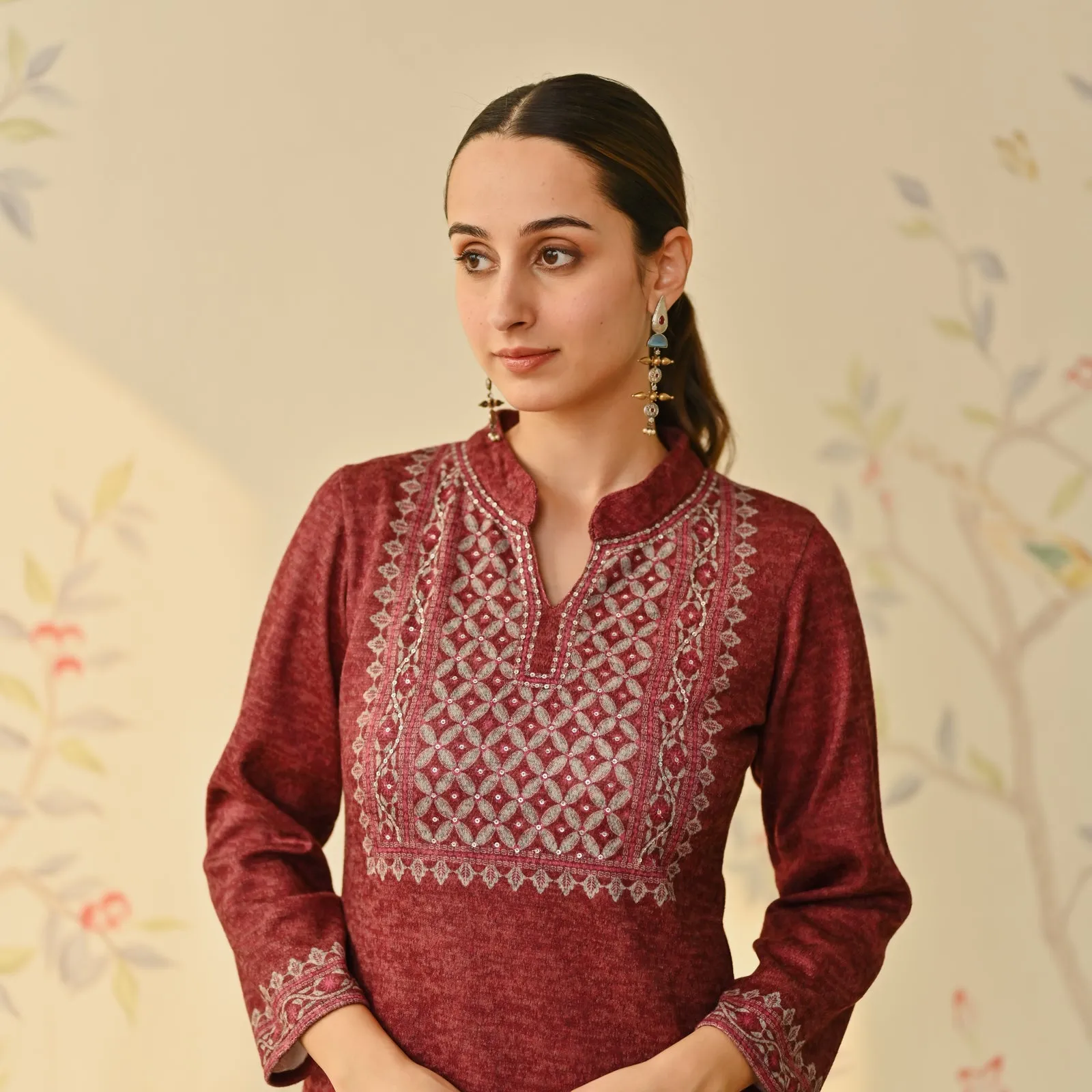 Maroon Embroidered & Monotone Woollen Kurta