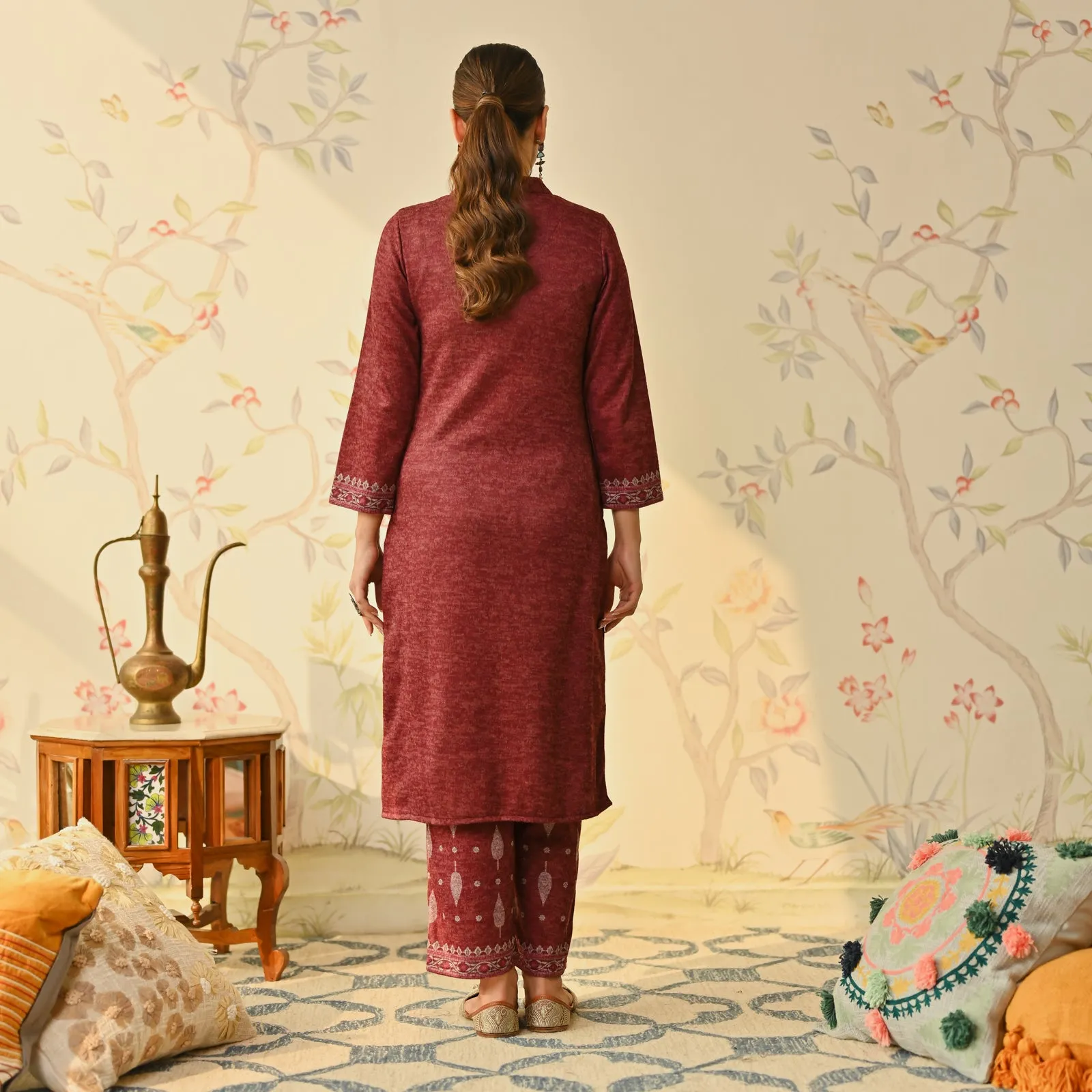 Maroon Embroidered & Monotone Woollen Kurta