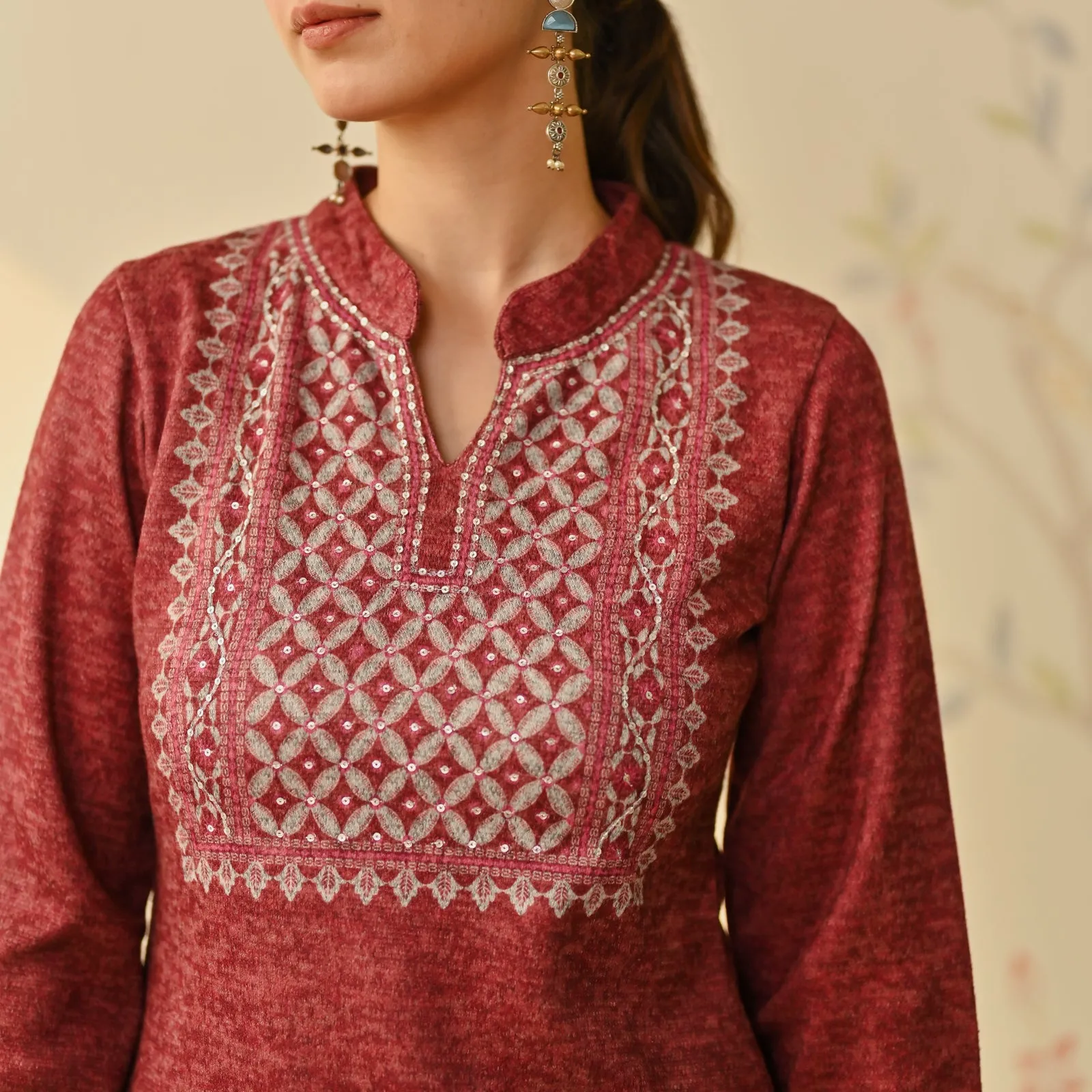 Maroon Embroidered & Monotone Woollen Kurta