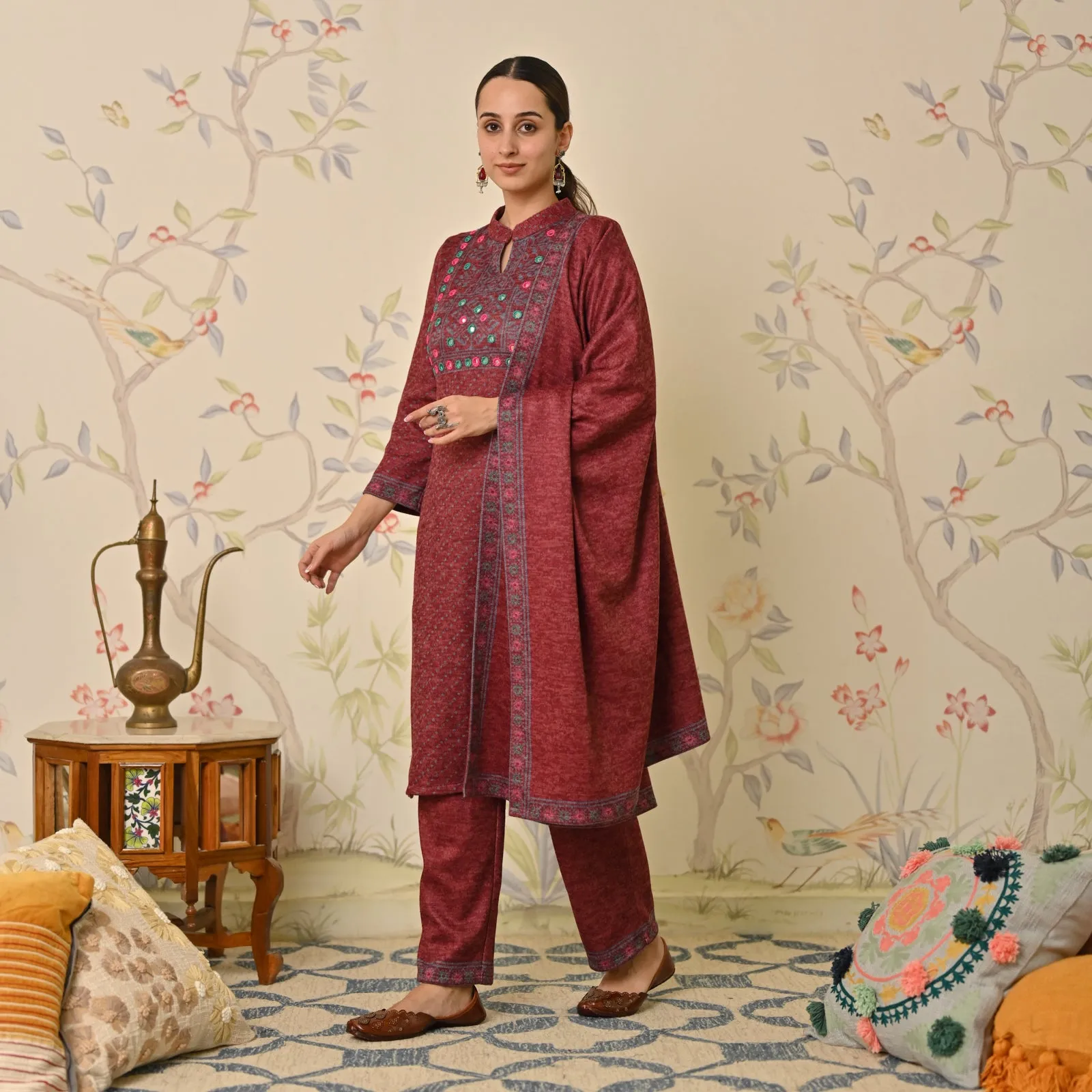 Maroon Kutch Embroidered Woollen Kurta Pant Set with Dupatta