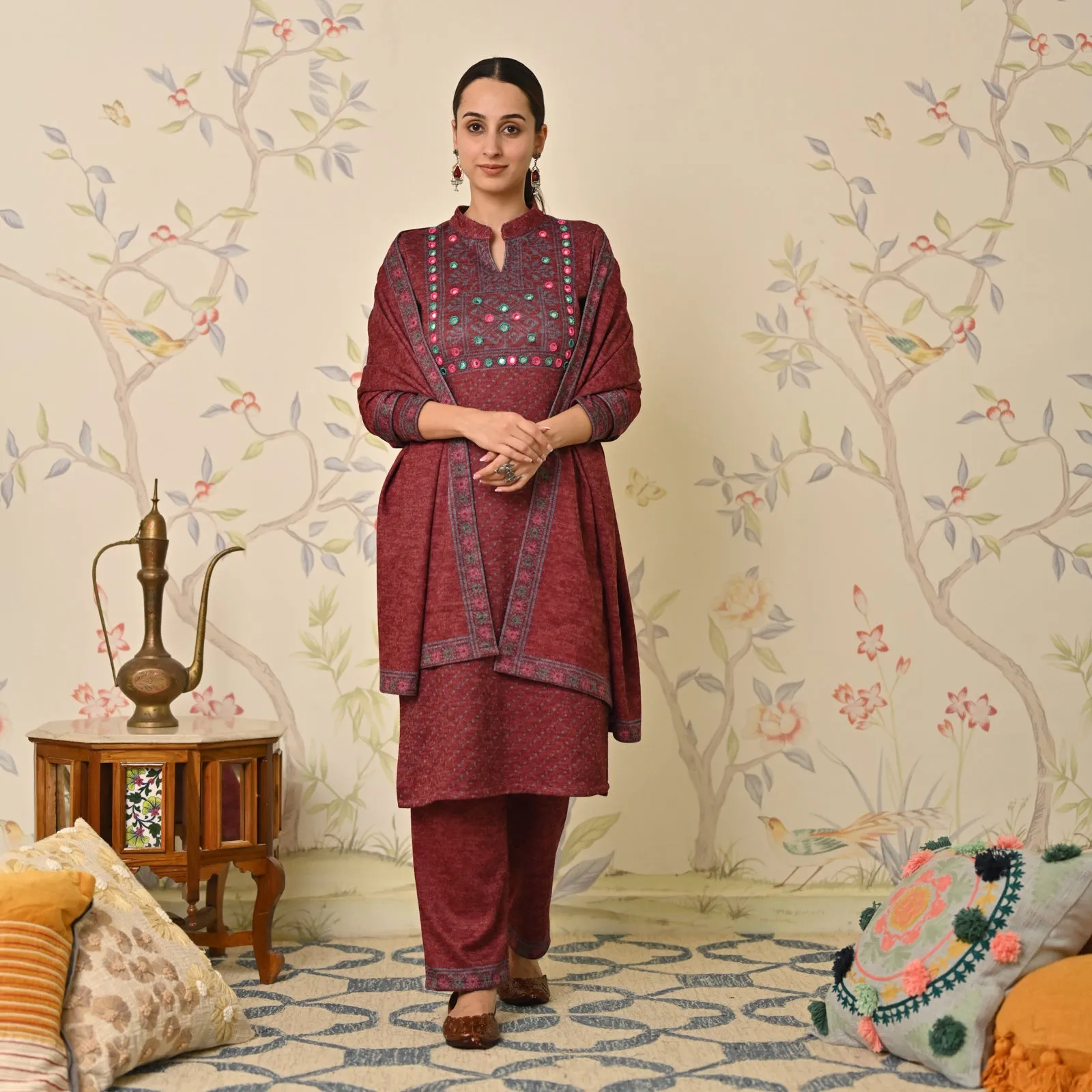 Maroon Kutch Embroidered Woollen Kurta Pant Set with Dupatta