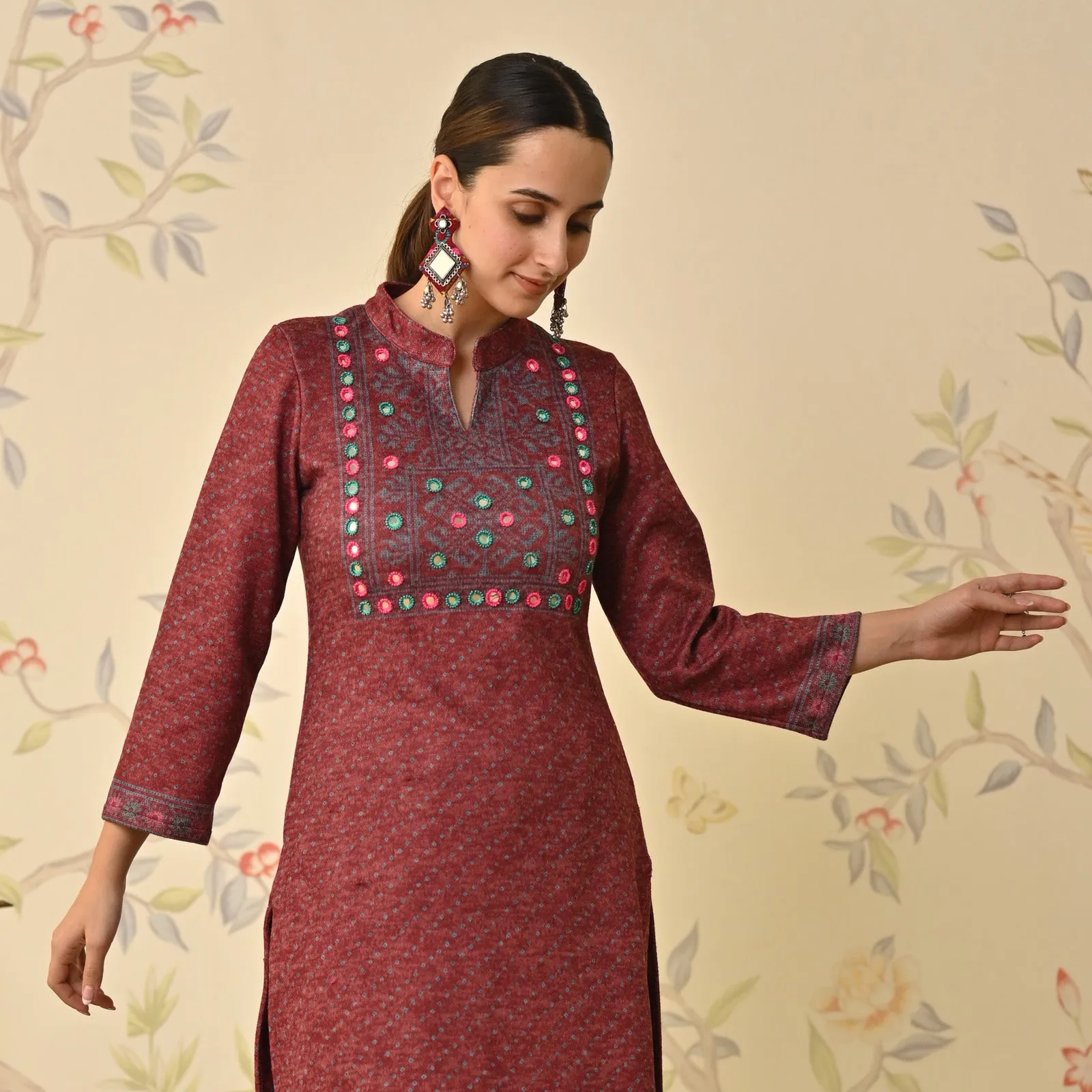 Maroon Kutch Embroidered Woollen Kurta Pant Set with Dupatta