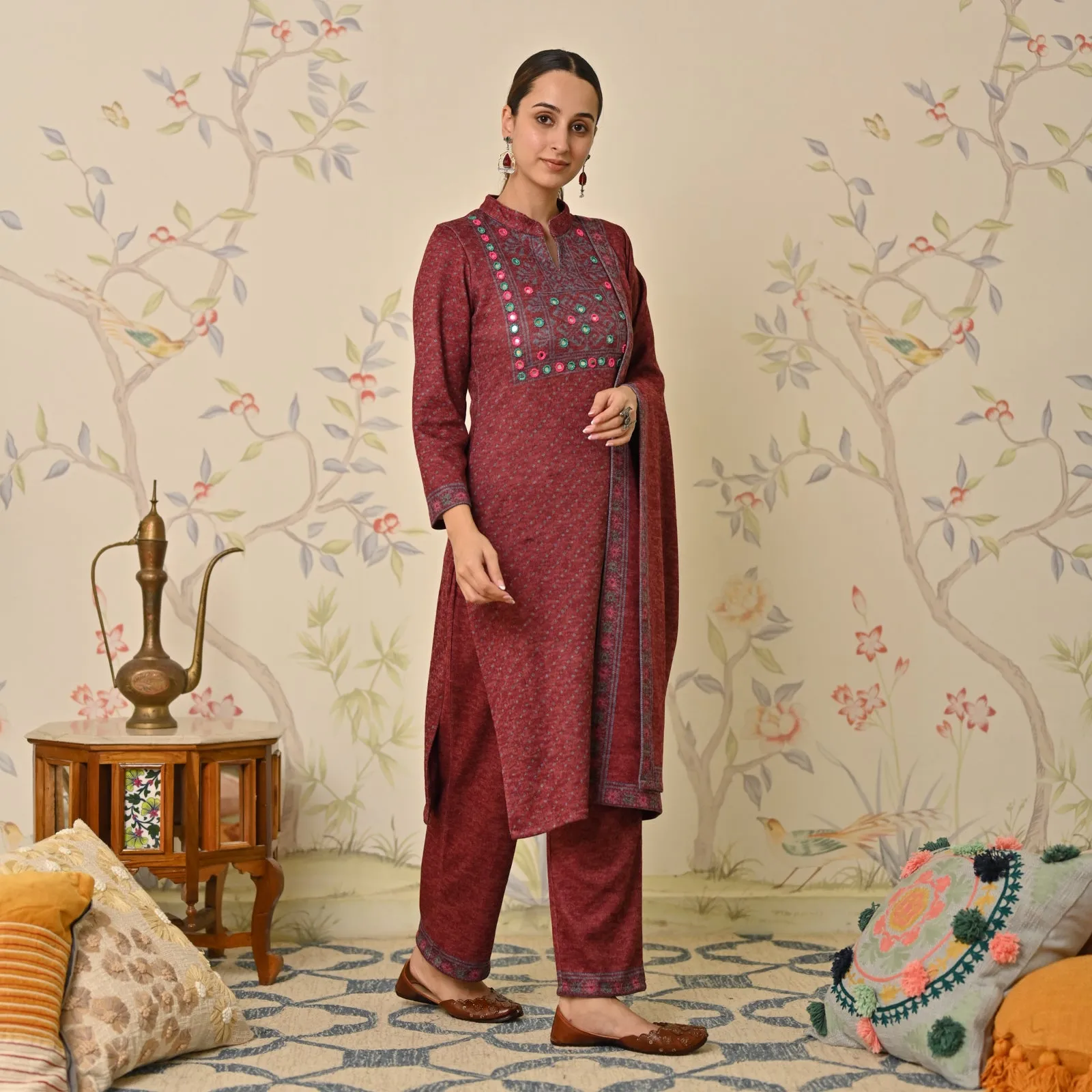 Maroon Kutch Embroidered Woollen Kurta Pant Set with Dupatta